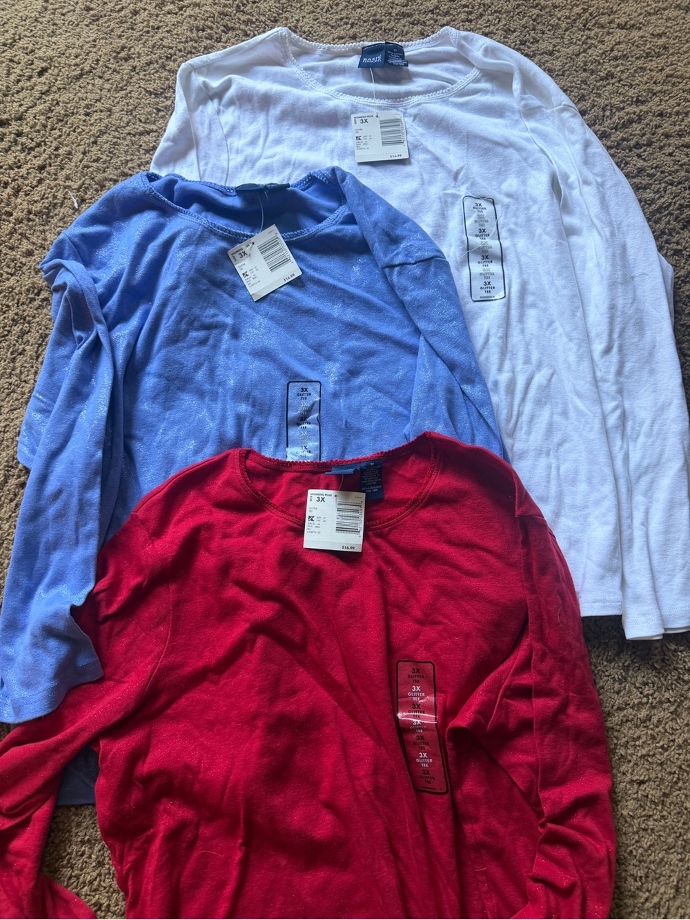 Plus size Women’s Long Sleeve Crewneck Tops bundle - White, periwinkle and red